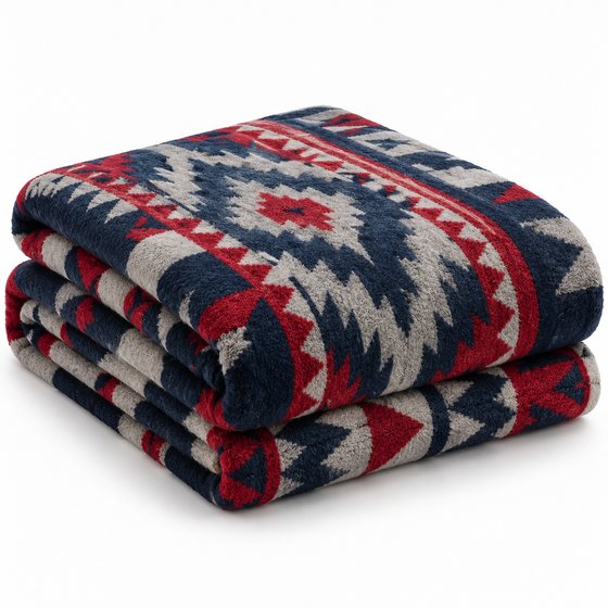 A folded acrylic blanket with a woven red, navy and grey pattern (illustrative)