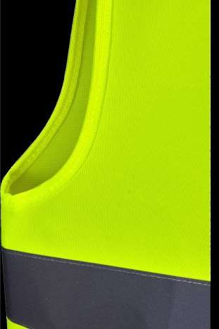 The curved armhole of a hi-vis vest finished with bias binding