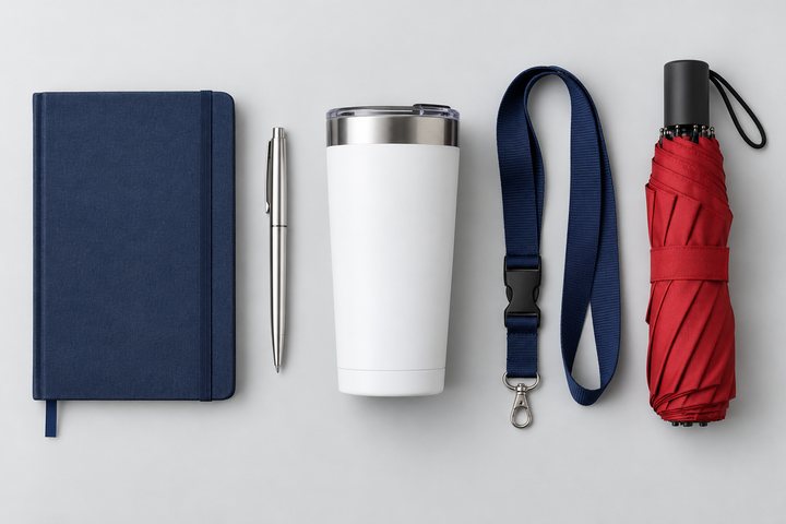 A blank navy notebook, steel pen, white tumbler, navy lanyard and red umbrella laid out for branding (illustrative)