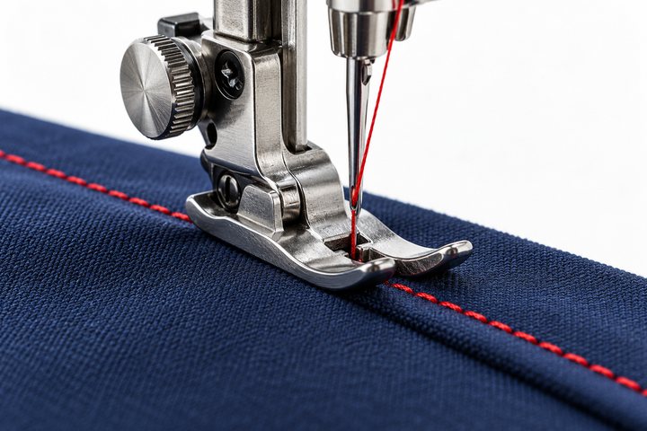 An industrial sewing machine foot stitching red thread into navy fabric (illustrative)