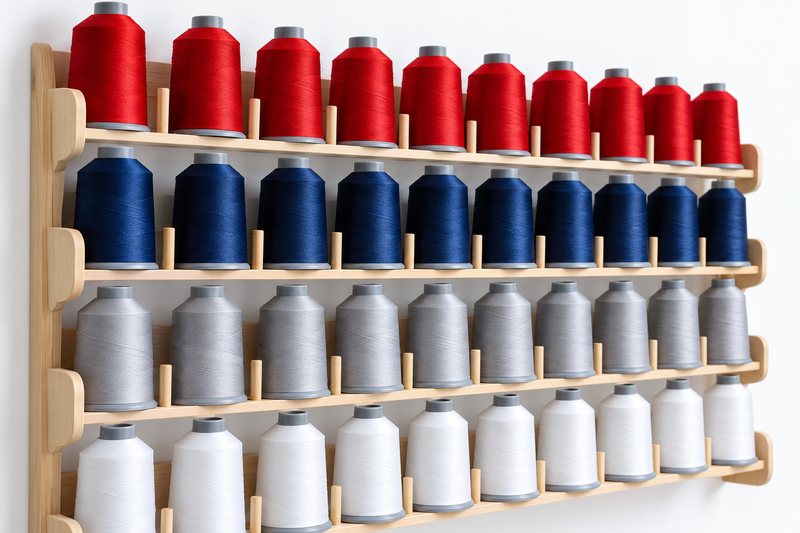 A wall rack of red, navy, grey and white embroidery thread cones (illustrative)